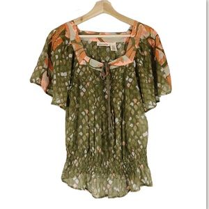 DKNY Sheer Peasant Top Metallic Print Green Sz XS